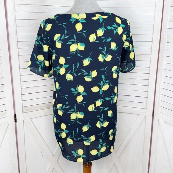 Banana Republic Lemons Print Short Sleeve Chiffon Popover Blouse Shirt Blue XS - Picture 4 of 12